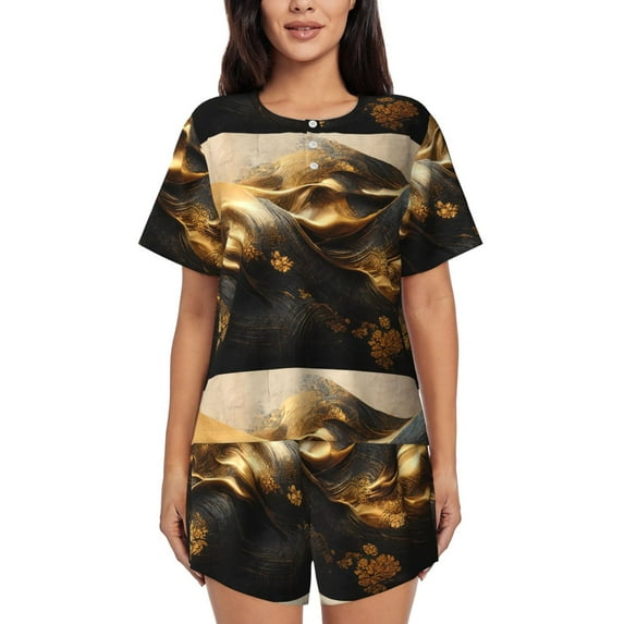 Daiia Luxurious Gold Flow Pattern Womens Pajama Sets Short Sleeve Pajamas for Women Sets Soft Lounge Sets Casual Round Neck Sleepwear PJS-Small