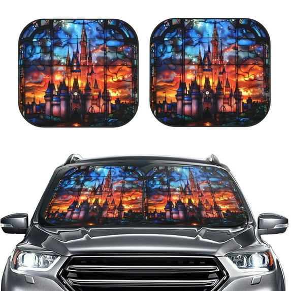 Daiia Magical Stained Glass Castle 2PCS Car Windshield Sun Shade, Foldable Sun Shield for Car Front Window, Auto Sun Blocker Visor Protector Universal for Truck SUV Pickup-Large