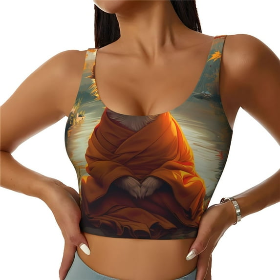 Daiia Maple Leaf Meditating Chihuahua Printed Women's Sports Bra, Breathable Activewear Bra with U-Back Design and Removable Pads, Comfortable and Supportive for Yoga, Workout-Large