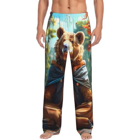 Daiia Maple Meditating Bear Men's Sleep Pant with Pockets and Drawstring,Pajama Pants-Large