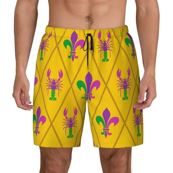 Daiia Mardi Gras Crayfish and Fleur de lis Mens Swim Trunks Swim Shorts Quick Dry Swim Shorts with Mesh Lining Pockets-Small