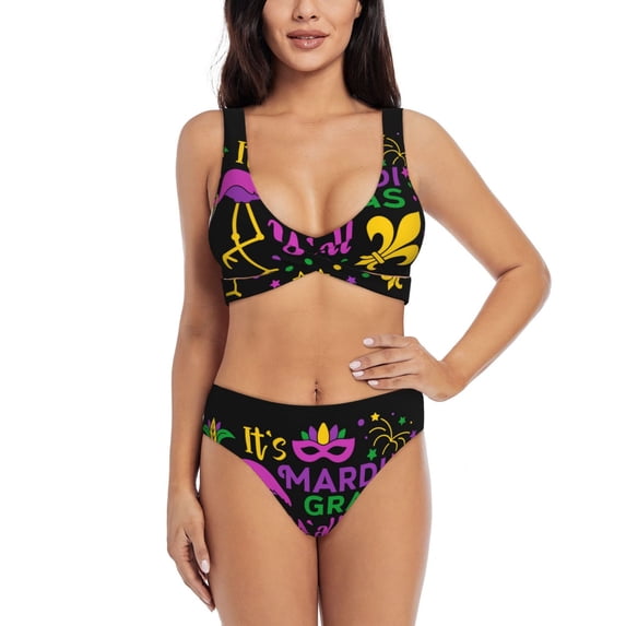 Daiia Mardi Gras with Flamingo Women's Bikini Set Two Piece Swimsuit High Waisted Bikini Adjustable Straps Bikini Perfect for Beach, Pool, and Summer Vacation-Small