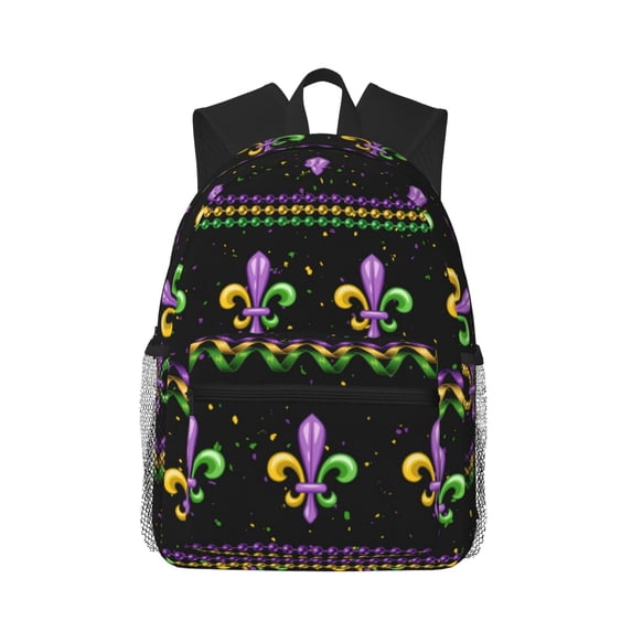 Daiia Mardi Gras Fleur de Lis School Backpack for Men Women, Unisex Large Waterproof Bookbag Schoolbag Casual Daypack for High School/College/Teens/Travel/Work Black