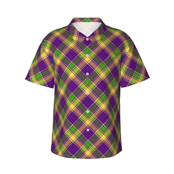 Daiia Mardi Gras Plaid Hawaiian Shirt for Men Gentle Cotton Regular Short Sleeve Casual-Small
