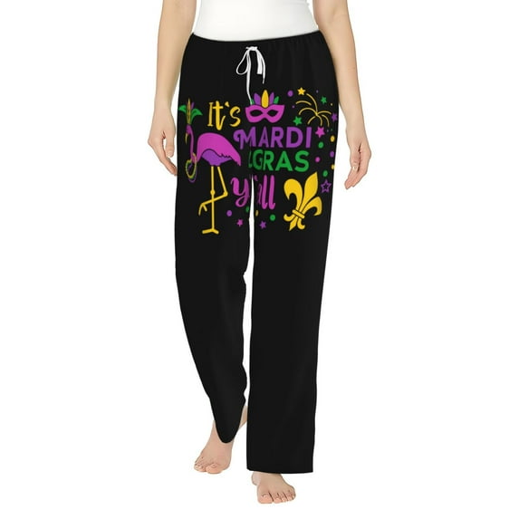 Daiia Mardi Gras with Flamingo Women's Sleep Pant with Pockets and Drawstring,Pajama Pants-Large