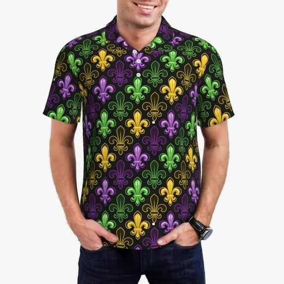 Daiia Mardi Gras1 Pattern Men’s Polo Shirts,Solid Deck Shirt,Classic Fit, Breathable Cotton Polo for Casual and Sport Wear-Large