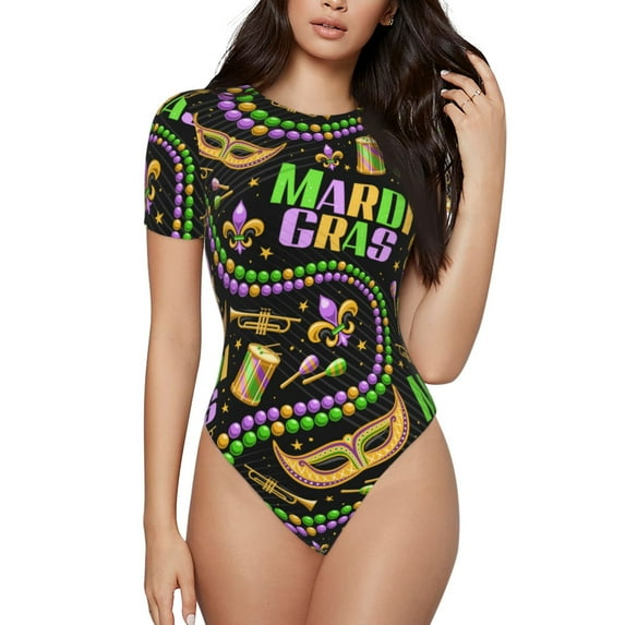 Daiia Mardi Gras3 Women'S Crew Neck Short Sleeve Slim Fit T Shirts Tops Basic Bodysuit Leotard Clothing-X-Large