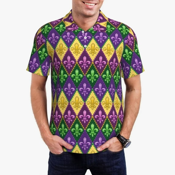 Daiia Mardi Gras4 Pattern Men’s Polo Shirts,Solid Deck Shirt,Classic Fit, Breathable Cotton Polo for Casual and Sport Wear-3X-Large