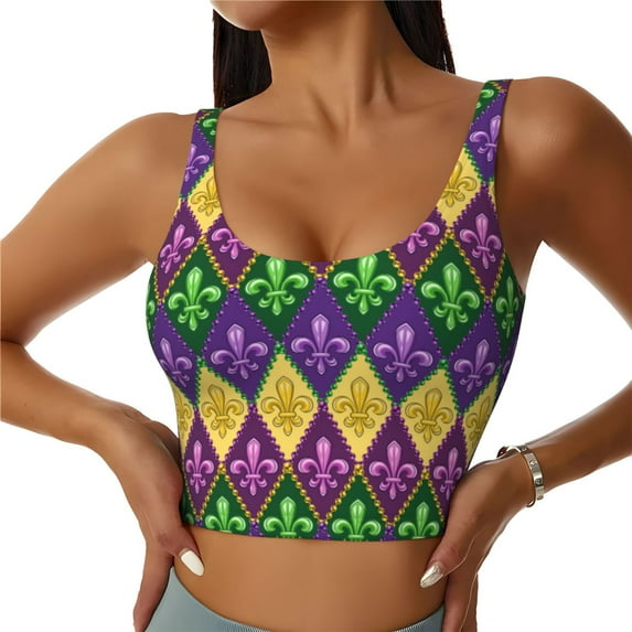 Daiia Mardi Gras4 Printed Women's Sports Bra, Breathable Activewear Bra with U-Back Design and Removable Pads, Comfortable and Supportive for Yoga, Workout-Small