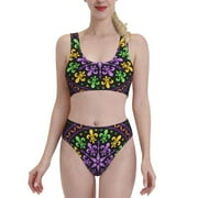 Daiia Mardi Gras5 Women'S Bikini Swimsuit Two Piece Swimsuit,High Waisted,Slim Fit High Leg Spaghetti Straps Bathing Suit- Small