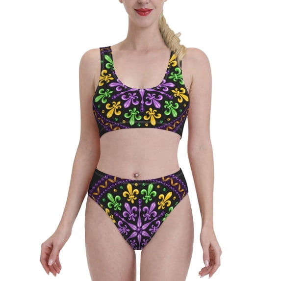 Daiia Mardi Gras5 printed 2 piece Swimsuit Bikinis for Women High Waisted Racerback Bathing Suits Summer Tummy Control Scoop Neck Swimwear-Medium
