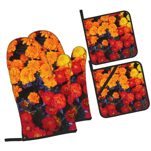 Daiia Marigold Flowers In Different Colors Pattern Oven Mitts and Pot Holders 4 pcs Set,High Heat Resistant 500 Degree Extra Thicken Long Kitchen Cotton Oven Glove