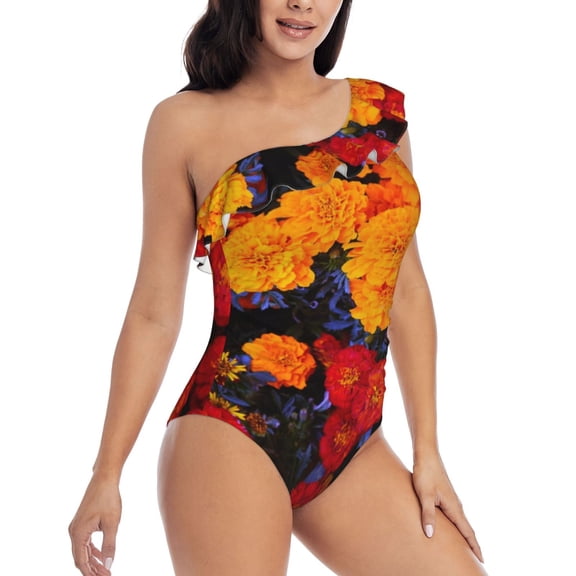 Daiia Marigold Flowers In Different Colors Women's One Piece Swimsuits Personalized One Shoulder Swimwear Asymmetric Ruffle Bathing Suits-Large