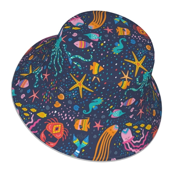 Daiia Marine Inhabitants Pattern Bucket Hat - Trendy Cotton Sun Hat for Beach, Golf, Fishing - Fun Outdoor Vacation Boonie for Men and Women