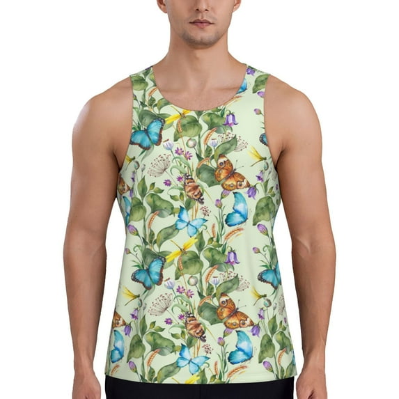 Daiia Meadow Plants And Butterflies Printed Men's Quick Dry Fit Muscle Tank Top Slim-Fit Tank Workout Tank Top Lightweight Sports Tank Top-
