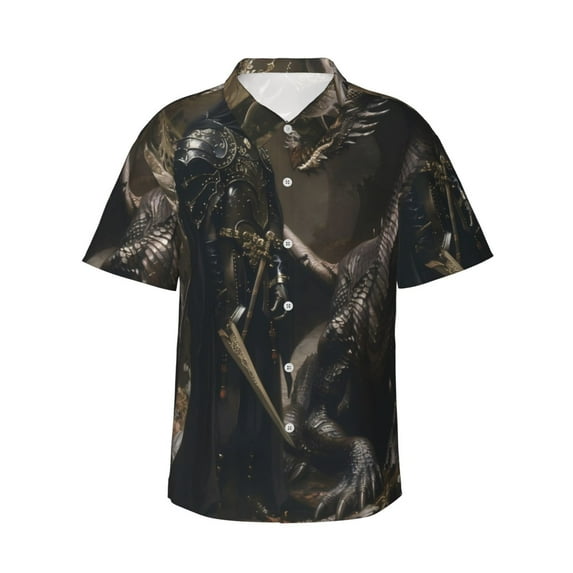 Daiia Medieval Knight And Dragon Hawaiian Shirt for Men Gentle Cotton Regular Short Sleeve Casual-3X-Large