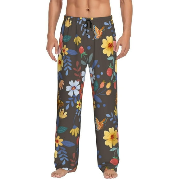 Daiia Men'S Colorful Flowers With Butterfly Pants,Bottoms Sleep Lounge,Pajama Pants,Pj Bottoms Drawstring And Pockets-Small