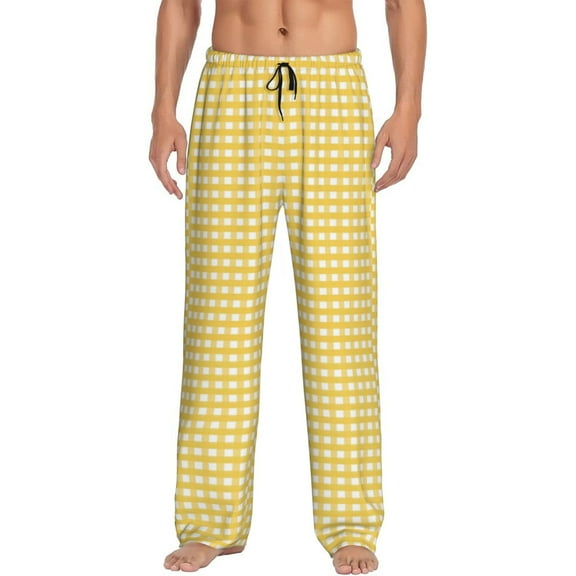 Daiia Men'S Yellow Gingham Pants,Bottoms Sleep Lounge,Pajama Pants,Pj Bottoms Drawstring And Pockets-Small