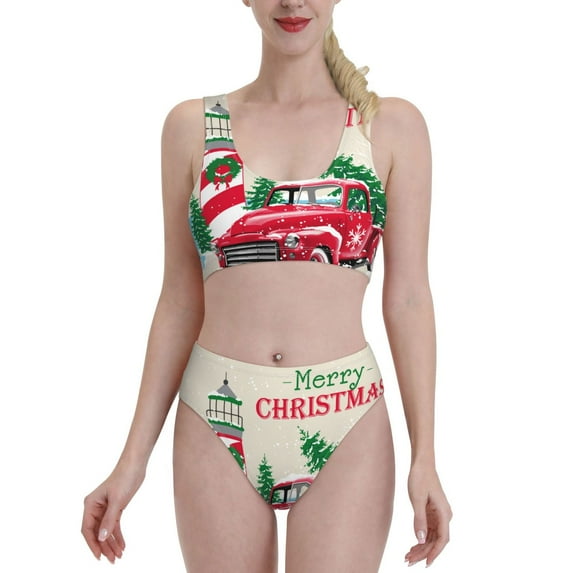 Daiia Merry Christmas 1 printed 2 piece Swimsuit Bikinis for Women High Waisted Racerback Bathing Suits Summer Tummy Control Scoop Neck Swimwear-Large