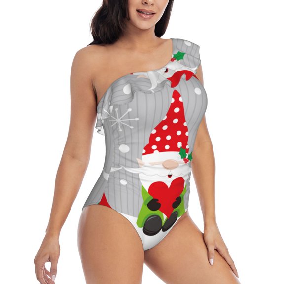 Daiia Merry Christmas Gnome1 Women's One Piece Swimsuits Personalized One Shoulder Swimwear Asymmetric Ruffle Bathing Suits-X-Large