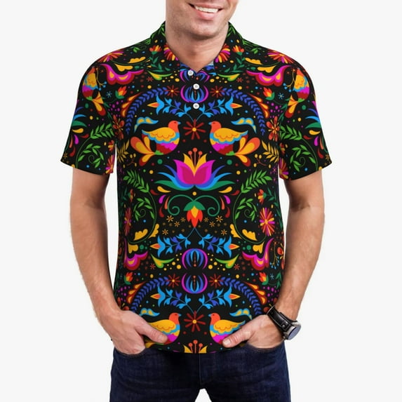 Daiia Mexican Flower Traditional1 Pattern Men’s Polo Shirts,Solid Deck Shirt,Classic Fit, Breathable Cotton Polo for Casual and Sport Wear-