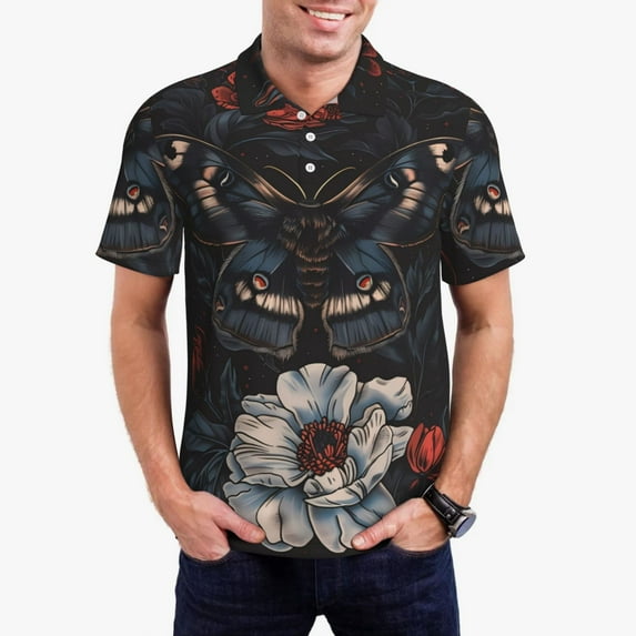 Daiia Midnight Butterfly Floral Dream Pattern Men’s Polo Shirts,Solid Deck Shirt,Classic Fit, Breathable Cotton Polo for Casual and Sport Wear-4X-Large