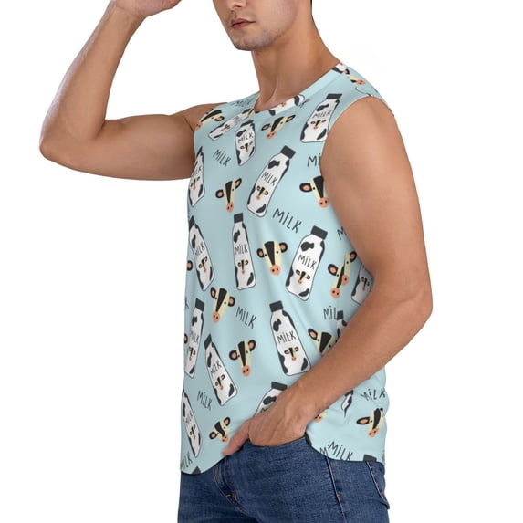 Daiia Milk Bottles And Cow Head Printed Men's Tank Tops,Casual Soft Sleeveless Gym Muscle Shirts Bodybuilding Tee-Medium