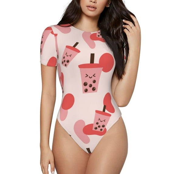 Daiia Milk Tea print Women's Crew Neck Short Sleeve Bodysuit Fashion Tops Fit Casual Basic Extender Bodysuit-Large