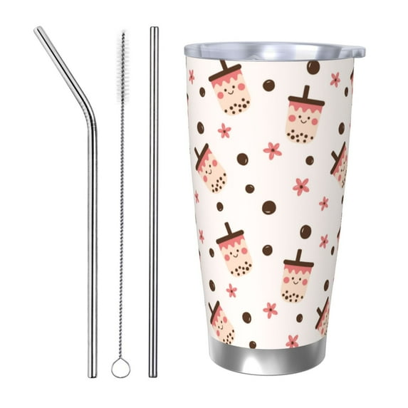 Daiia Milk Tea4 Printed 20oz Insulated Coffee Cup with Straw Topper, Fully Spill Proof Travel Coffee Mug, Stainless Steel Tumbler for Work Home Outdoor Car-Straw Three-piece Set