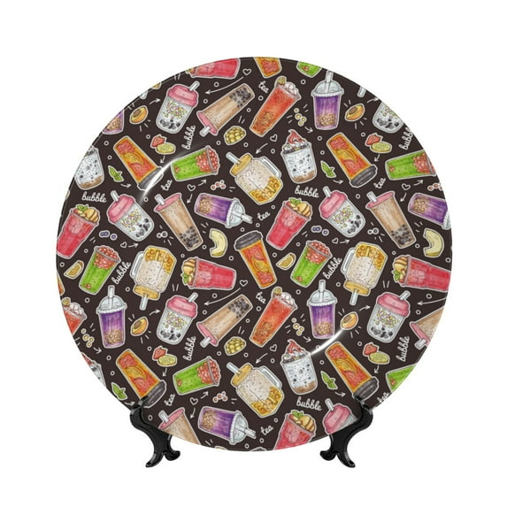 Daiia Milk Tea6 Printed Pattern Ceramic Plate Dinner Plates Bone China Decorative Plates with Display Stand Art Ceramic Ornaments for Wall Hanging Decoration-7in