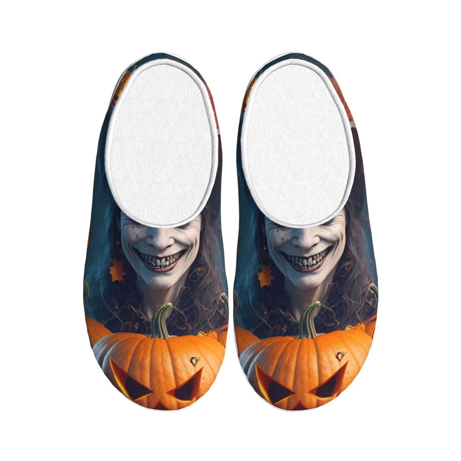 Daiia Modern Style Pumpkin Witch Print Women’s Fuzzy Slippers Memory Foam Lightweight House ...