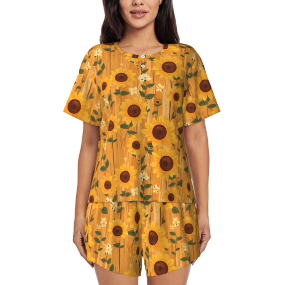 Daiia Modern Wood Grain Sunflower Pattern Womens Pajama Sets Short Sleeve Pajamas for Women Sets Soft Lounge Sets Casual Round Neck Sleepwear PJS-X-Large