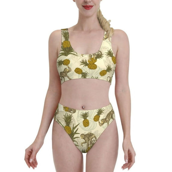 Daiia Monkeys and Pinealpples printed 2 piece Swimsuit Bikinis for Women High Waisted Racerback Bathing Suits Summer Tummy Control Scoop Neck Swimwear-X-Large