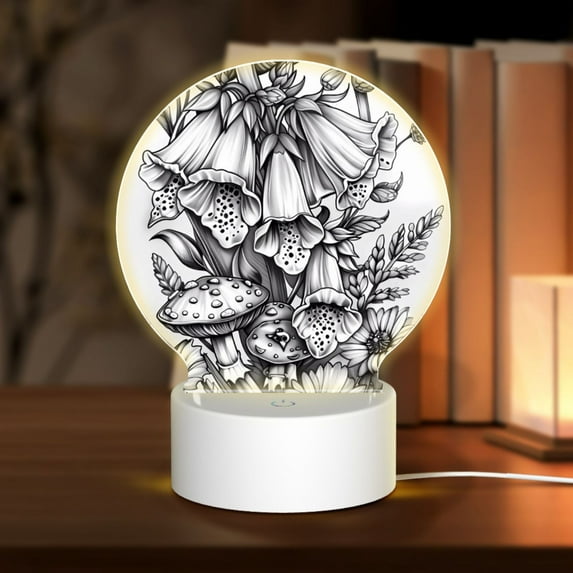 Daiia Monochrome Botanical Illustration Pattern Acrylic Night Light, LED Touch Light, Bedroom Night Light, Soft Glowing Lamp Perfect Gift for Mother's Day, Birthday, or Christmas