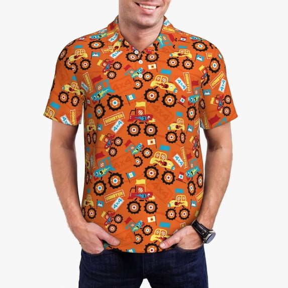 Daiia Monster Truck,Truck Cartoon Pattern Men’s Polo Shirts,Solid Deck Shirt,Classic Fit, Breathable Cotton Polo for Casual and Sport Wear-X-Large
