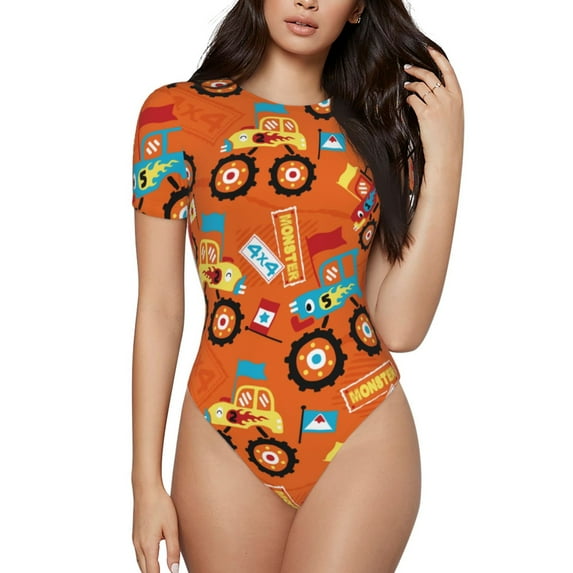 Daiia Monster Truck Women'S Crew Neck Short Sleeve Slim Fit T Shirts Tops Basic Bodysuit Leotard Clothing-X-Large