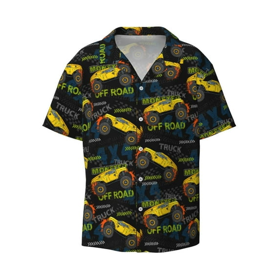 Daiia Monster Truck1 Men's Linen Shirts Short Sleeve Casual Shirts Button Down Shirt for Men Beach Summer Wedding Shirt-4X-Large