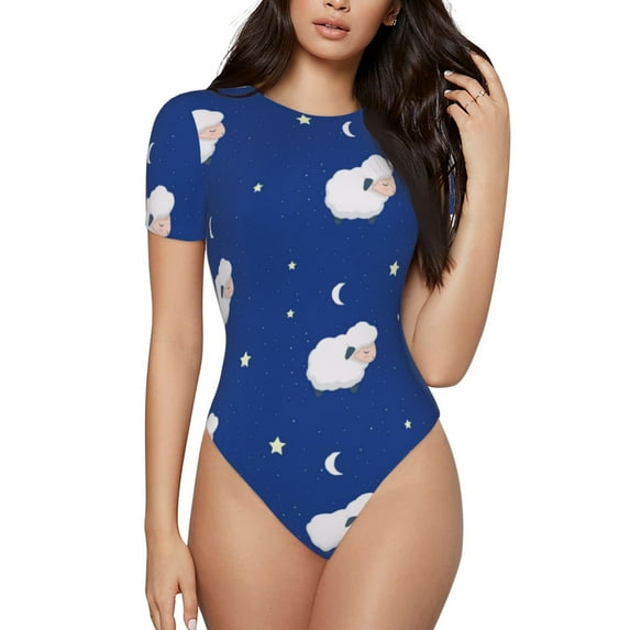 Daiia Moon Lamb print Women's Crew Neck Short Sleeve Bodysuit Fashion Tops Fit Casual Basic Extender Bodysuit-Medium