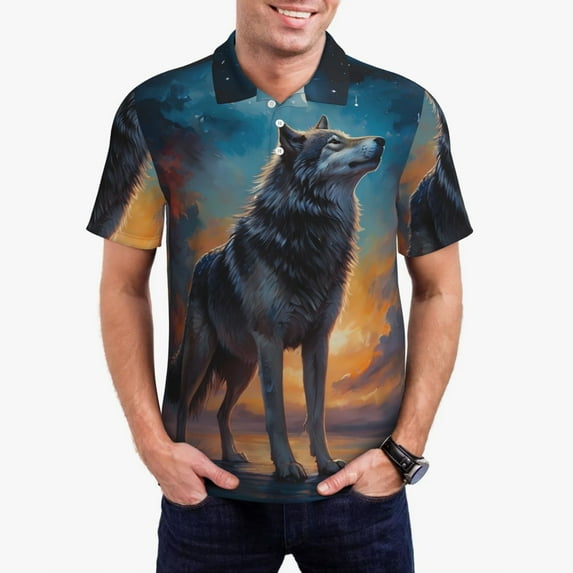 Daiia Moonlit Night Sky Wolf Pattern Men’s Polo Shirts,Solid Deck Shirt,Classic Fit, Breathable Cotton Polo for Casual and Sport Wear-Large