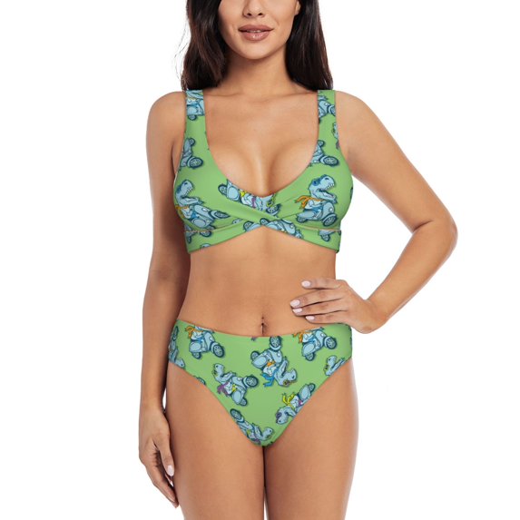Daiia Motorcycle Riding Dinosaur Women's Bikini Set Two Piece Swimsuit High Waisted Bikini Adjustable Straps Bikini Perfect for Beach, Pool, and Summer Vacation-