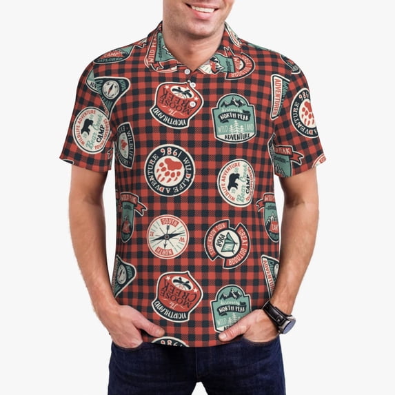 Daiia Mountain Adventure Badges Pattern Men’s Polo Shirts,Solid Deck Shirt,Classic Fit, Breathable Cotton Polo for Casual and Sport Wear-Small