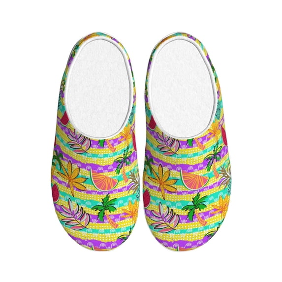 Daiia Multicolored Tropical Print Women’s Fuzzy Slippers Memory Foam Lightweight House Shoes Cozy Loafer Flannel House Shoes-39/40