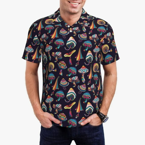 Daiia Mushroom Doodle Pattern Men’s Polo Shirts,Solid Deck Shirt,Classic Fit, Breathable Cotton Polo for Casual and Sport Wear-X-Large