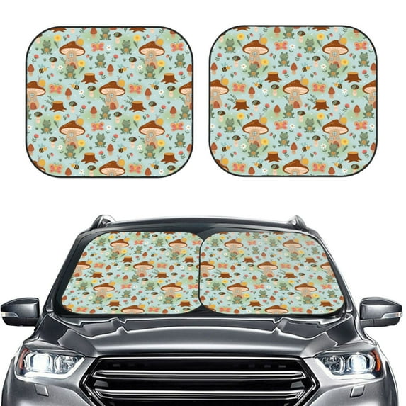 Daiia Mushroom House Insect Frog 2PCS Car Windshield Sun Shade, Foldable Sun Shield for Car Front Window, Auto Sun Blocker Visor Protector Universal for Truck SUV Pickup-Medium