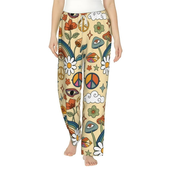 Daiia Mushrooms And Rainbows Peace Women's Sleep Pant with Pockets and Drawstring,Pajama Pants-Small