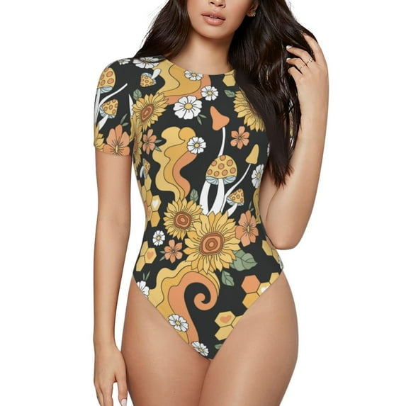 Daiia Mushrooms Honeycomb Women'S Crew Neck Short Sleeve Slim Fit T Shirts Tops Basic Bodysuit Leotard Clothing-X-Large