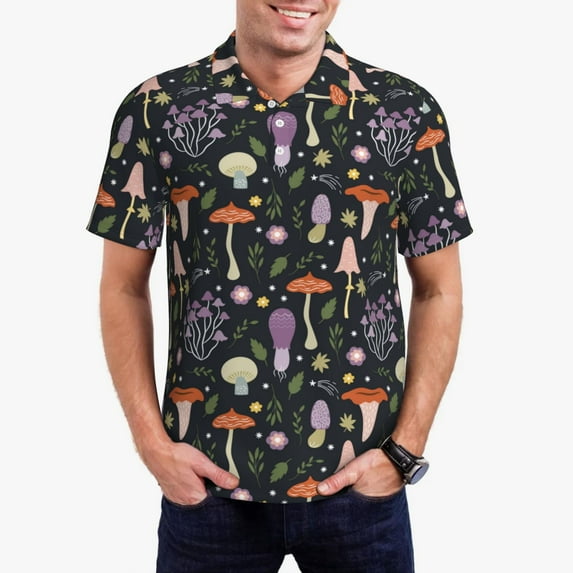 Daiia Mushrooms Pattern Men’s Polo Shirts,Solid Deck Shirt,Classic Fit, Breathable Cotton Polo for Casual and Sport Wear-X-Large