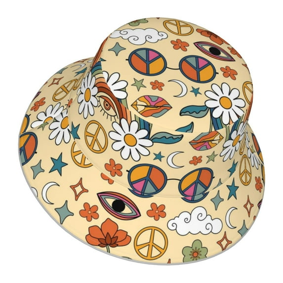 Daiia Mushrooms And Rainbows Peace Pattern Bucket Hat - Trendy Cotton Sun Hat for Beach, Golf, Fishing - Fun Outdoor Vacation Boonie for Men and Women