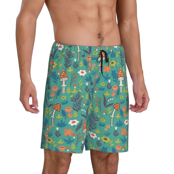 Daiia Mushrooms and Flowers Mens Woven Stretch Pajama Short,Short Pajama Pants-XX-Large