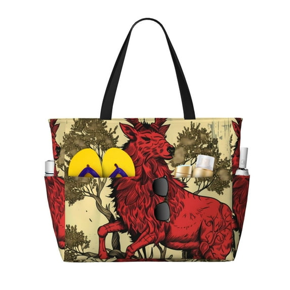 Daiia Mythical Red Stag Illustration Beach Travel Bag - Water-Resistant Beach Bag, Lightweight Tote with 7 Pockets for Women and Men - Gym,Pool,Camping,Reusable Grocery Bag